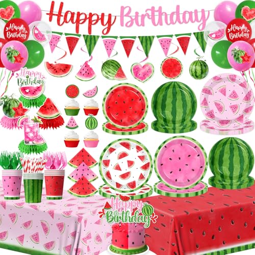 Watermelon Party Decorations Summer Fruit Party Supplies Red Green Pink Watermelon Plates Napkins Forks Balloons Banner Cupcake Toppers Tablecloth for One in a Melon Birthday Party Serves 24