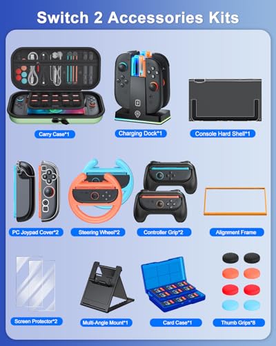 Switch 2 Accessories, Bundle Case for Nintendo Switch 2, 23-IN-1 Kits: Carrying Case, Controller Charger Dock, Grips for Joy Con,Steering Wheels for Mario Kart,Protective Cover for Switch 2 (Green)