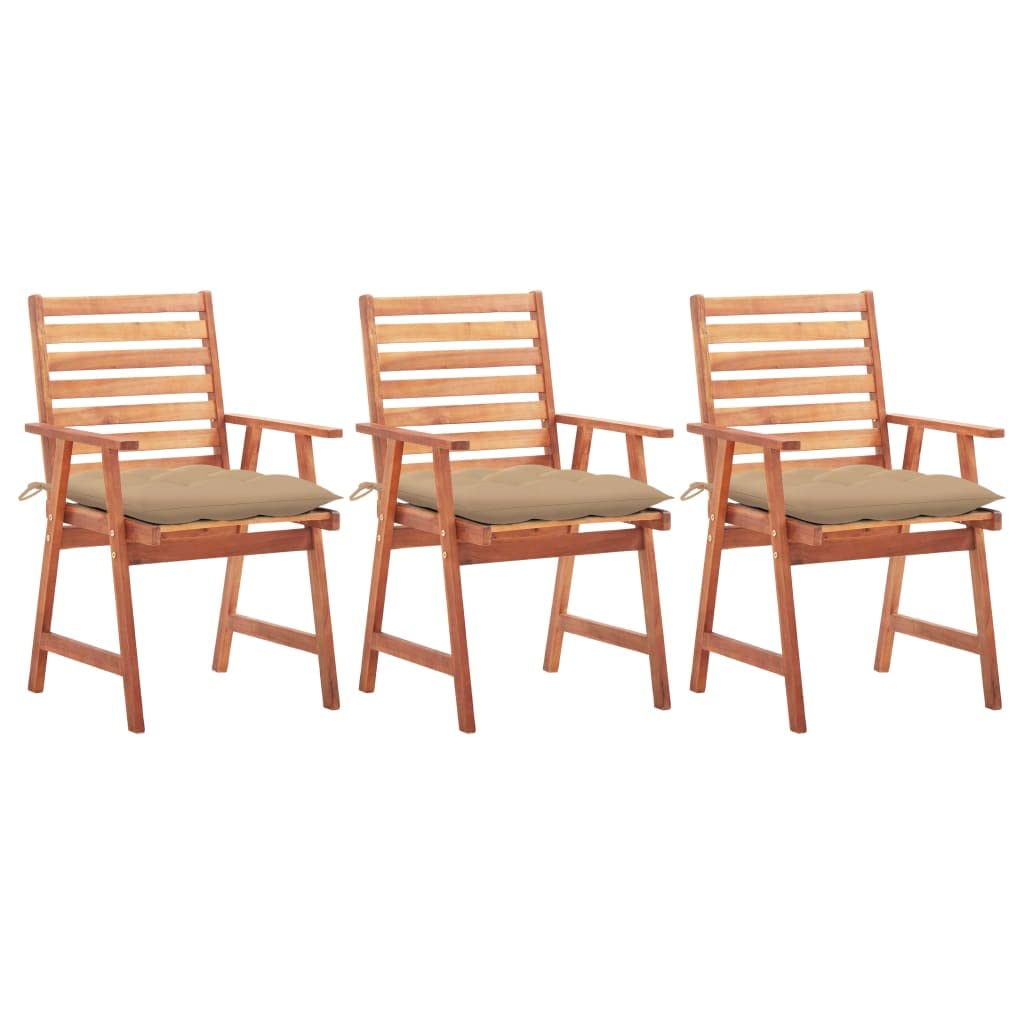 Sedie da pranzo da giardino, 3 pezzi, con cuscino, in legno massiccio di acacia | Resistente alle intemperie, superficie trattata ad olio, cuscino in poliestere impermeabile, portata 110 kg