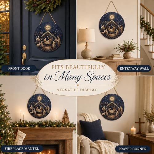 Image of Christmas Decorations - Jesus Nativity Scene Wooden Sign for Front Door