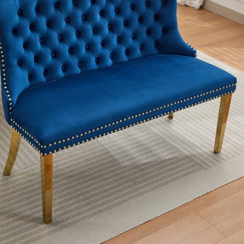 Image of 45.6''Velvet Dining Bench, Button Tufted Upholstered Dining Table Bench with Wing Highback, Nailhead Decoration, Small Loveseat Sofa with Gold-Plated Steel Legs, Mid Century Modern Seating, Blue