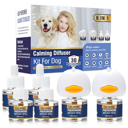 LKBHGF Dog Calming Pheromones Diffuser 6 in 1 Kit Appeasing Pheromone Diffuser to Calm (2 Plug in+4 x48ml Refill) for Anxiety Relief Reduce Aggression Fighting Barking Stress 120 Day Supply(Tasteless)
