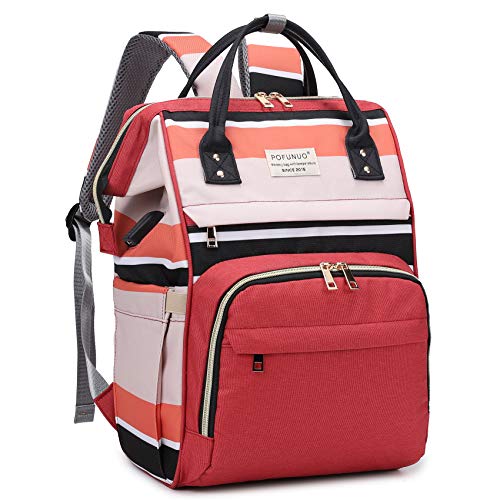 Diaper Bag Backpack, Pofunuo Large Capacity Multifunction Baby Bags, Waterproof Diaper Bag Stripe Floral Insulated Travel Maternity Nappy Backpack for Baby Girls Boys with Stroller Strap Bottle Bag