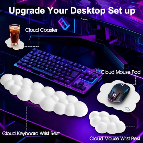 Image of Sushret Cloud Wrist Rest for Computer Keyboard and Mouse Pad Set, White | Memory Foam, Leather, 4-in-1 Cloud Keyboard Wrist Rest Set with Ergonomic Support for Arm and Palm Cushion, Gaming /Work Setup