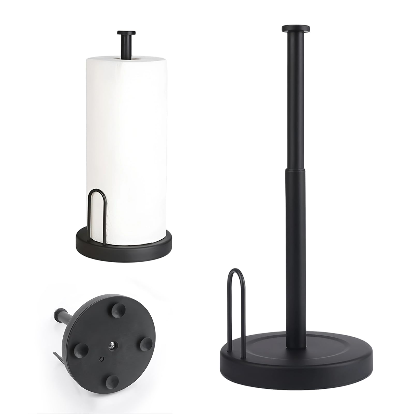 Fairblo Kitchen Roll Holder Free Standing Stainless Steel Paper Towel Holder with Suction Cups Retractable Black Kitchen Towel Holder Paper Towel Holder Stand for Standard and Large Size Rolls