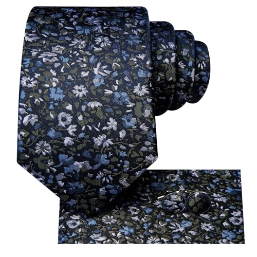 Image of Hi-Tie 70 inches Ties for Men Silk Extra Long Necktie and Pocket Square Cufflinks Set Men Big and Tall Tie Business