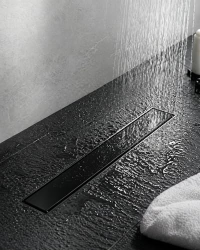 Image of 24 Inch Matte Black Linear Shower Drain | CUPC Certified 2-in-1 Tile Insert for Curbless Showers. 304 Steel, 15.8GPM Flow. Includes Hair Catcher & Adjustable Feet.