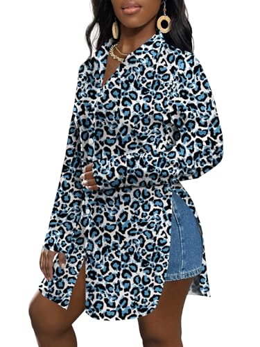 Image of LYANER Women's Collar Neck Long Sleeve Button Down Shirts Sexy Split Hem Tops Long Blouse Shirt Dress
