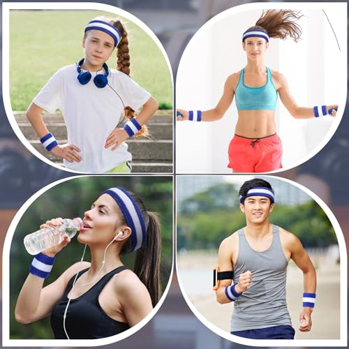 Image of 72 Pcs Bulk Striped Sweatband Set Include 24 Pcs Sweat Absorbing Striped Headbands and 48 Pcs Sweatbands Wristbands Cotton Athletic Sweat Bands for Men Women Gym Sports Workout
