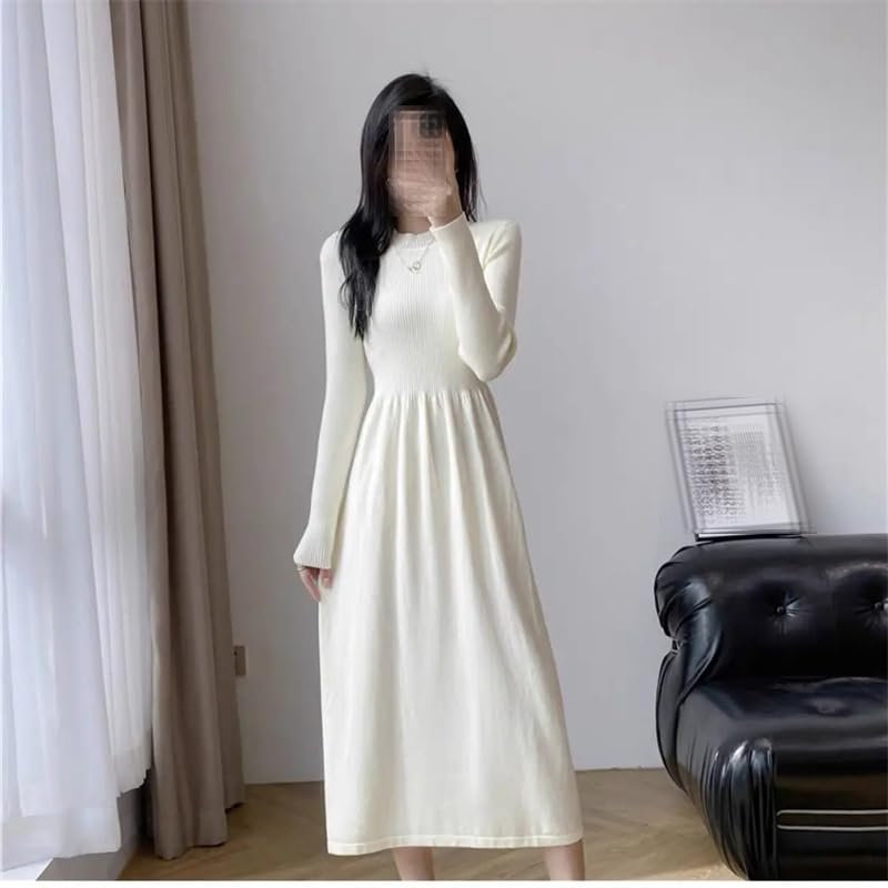 Vestido de punto simple casual ajustado para mujer, cuello redondo, manga larga, acampanado, vestido largo
