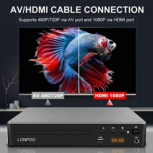 LONPOO Compact DVD CD Player Codefree Multi Region Play, Support 1080P Upscaling, HDMI & AV Output (Cable Included), USB2.0 Port Input, Mic Port