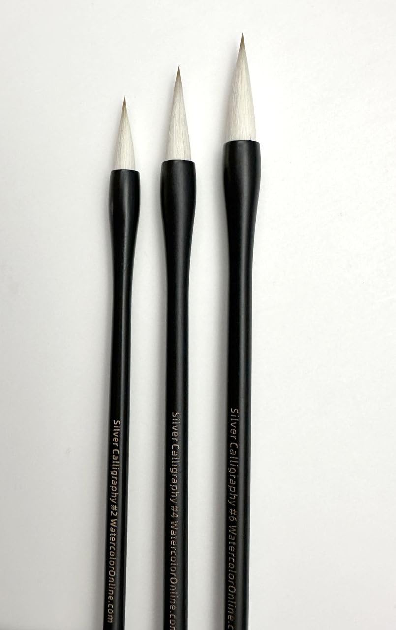 Michael Solovyev Signature - Juego de pinceles de caligrafía plateados, pinceles de acuarela premium, mango de madera maciza, cabello natural mixto, 3 tamaños (#2b, #4b, #6) | (negro)