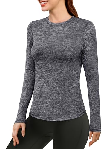 ANRABESS Womens Long Sleeve Workout Quick Dry Fitted Yoga Gym Athletic Shirts Black Medium