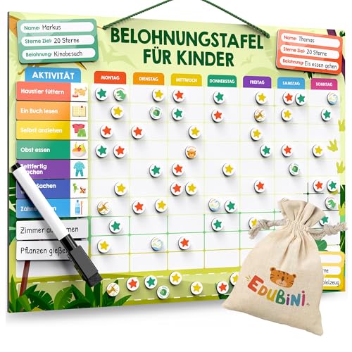 Belohnungstafel für Kinder - [100 Aufgaben + 350 Magnete] - Belohnungssystem für Verantwortung - Family Plan, Montessori Magnettafel, Wochenplaner, Adhs Hilfsmittel - inkl. Tasche, Stift (Dinosaurier)