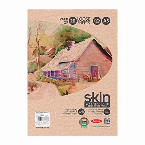 Image of Anupam Skin Watercolour Beige Toned Paper - Acid Free - Cold Press Paper - 20 Loose Sheet - 225 GSM - A5