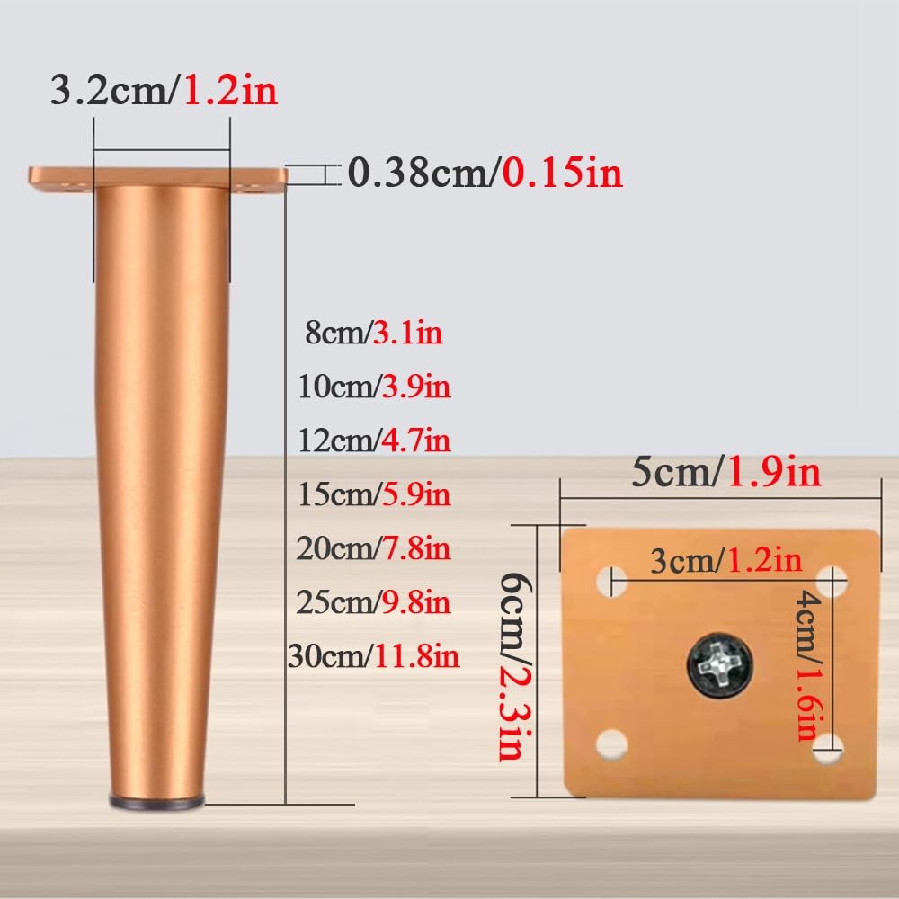 Genérico 4 Patas Cónicas Rectas De Muebles, Patas De Repuesto De Aluminio De Mediados De Siglo para Sofá, Armario, Mesa, Silla, Armario, Otomana, Proyectos De Bricolaje(Champán,25cm/9.8in)
