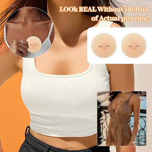 Silicone Nipple Cover with Piercing, Waterproof, Reusable Pasties with Fake Piercing Ring Jewelry for Women(2 Pcs) Beige3