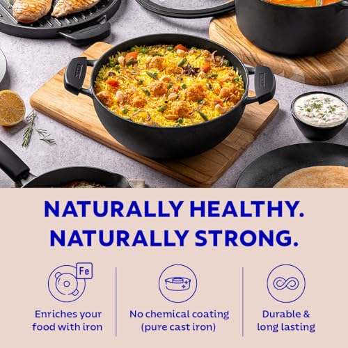 Image of TRAMONTINA TITANEX 26cm / 4.6L Pre-Seasoned Heritage Cast Iron Deep Kadai with Toughened Glass Lid | Snap-On Silicone Grips | Kadhai for Curry | Gas & Induction Cookware | Life-Time Warranty