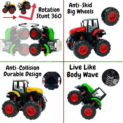 Image of Amitasha Tractor Toy Friction Power Die-Cast for Kids 3-12 Years 4WD Push n Go Mini Monster Truck 360 Flip Metal Vehicle 4 Wheel Drive Stunt Cars Pack of 1