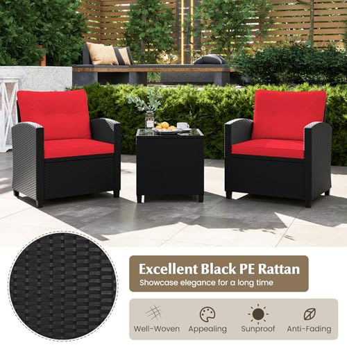 Image of Tangkula 3 Pieces Patio Furniture Set, Rattan Conversation Set w /Soft Seat & Back Cushions, Tempered Glass Topped Coffee Table, Cushioned Wicker Seating for Backyard, Porch, Poolside (Red)