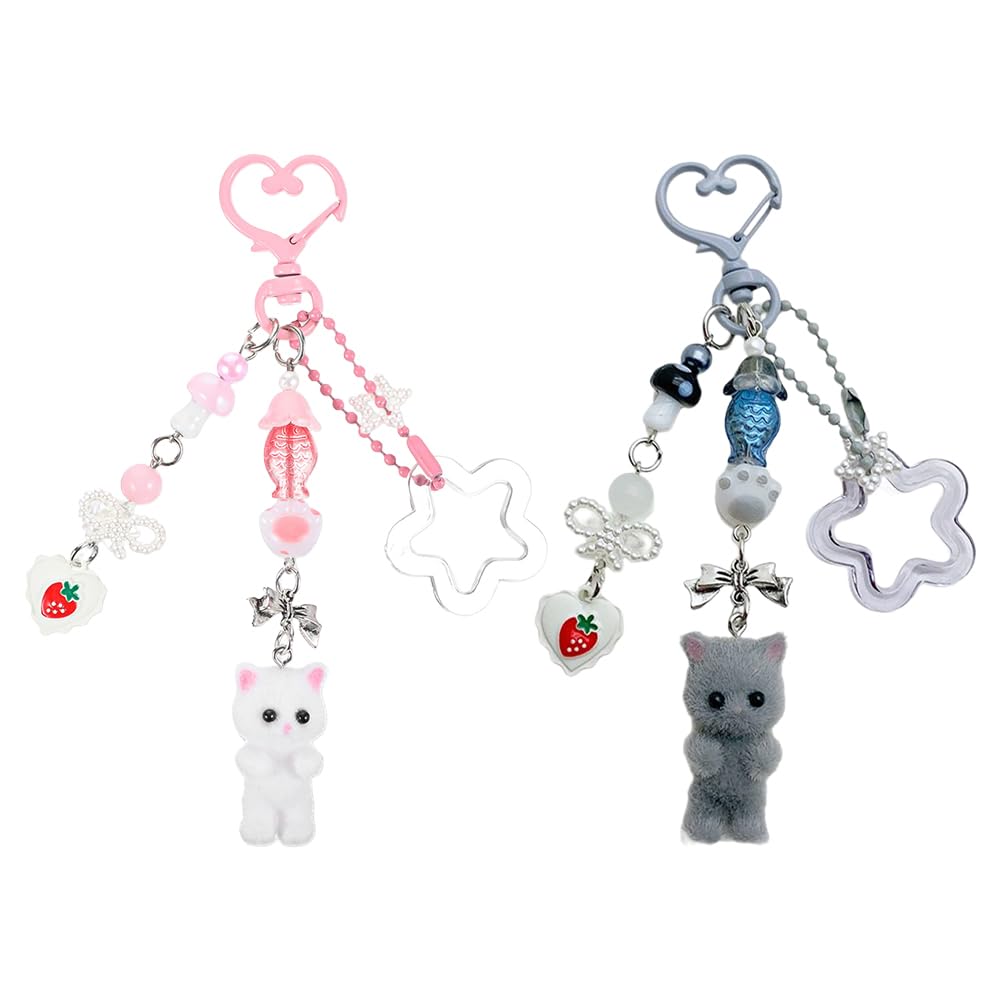 Rohxyzo Unisex Multicolour 2 Pcs Fuzzy Kitty Keychain Set - Cute Cat Keychains With Bow, Soft Plush Bag Charm For Backpack Purse