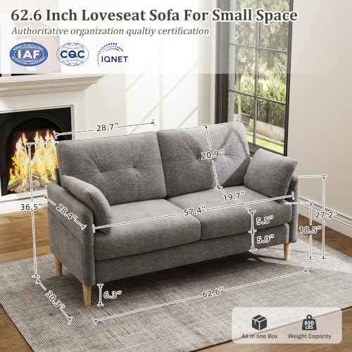 Image of Hanherry Loveseat Sofa, 62.6 inch Small Couch for Living Room, Comfy Chenille Fabric Love Seat for Bedroom with Throw Pillow,Removable Cushion Cover,Couches for Small Space,Apartment,Dorm