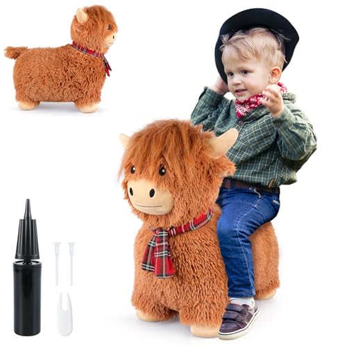 Image of SuzziPals Bouncy Highland Cow Hopper Toys, Inflatable Cow Ride on Bouncer, Indoor Outdoor Highland Cows Plush Bouncy Horse for Toddlers & Kids, Bouncing Animals Toddler Toys, Toddler Gifts