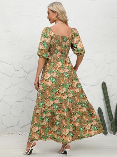 Image of Lyrur Summer Boho Smocked Maxi Dresses for Women Casual Puff Sleeve Square Neck A Line Tiered Ruffle Ankle Length Dress