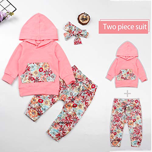 Image of Baby Girls Long Sleeve Flowers Hoodie Tops and Pants Outfit with Kangaroo Pocket Headband
