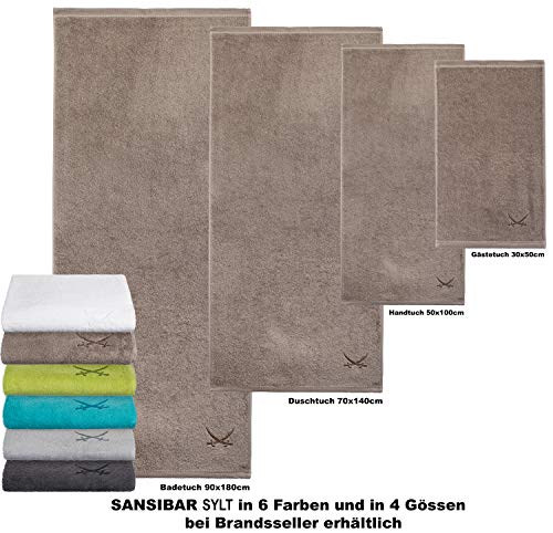 Sansibar Badetuch 90x180 cm – saugstarkes Strandtuch/Saunatuch aus Baumwolle – Oeko-TEX zertifizierter Frottee – Sylt-Design mit gesticktem Säbel-Logo – Taupe