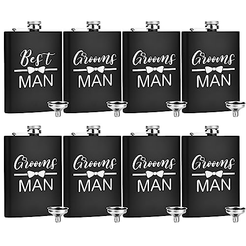 ELEGANTPARK Engraved Groomsman Flasks Set of 8 Best Man Groomsmen Proposal Gifts Wedding Bachelor Party Favor Stainless Steel Hip Flask for Liquor with Funnel for Men 8 OZ Black