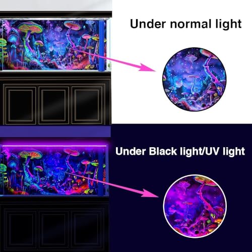Image of 60X24IN Blacklight Mushroom Black Light Aquarium Background UV Reactive Background Starry Sky Terrarium Mushroom Theme Background with 10 EVA Double-Sided Tape