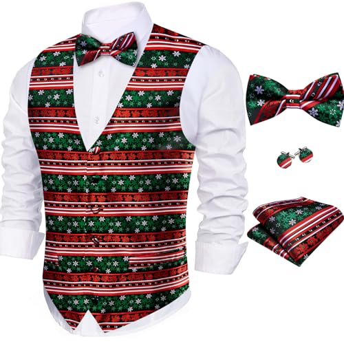 Barry. Wang Mens Christmas Vest with Snow/Snowman/Christmas Tree Red/Green Holiday Waistcoat Bowtie Set Party Halloween