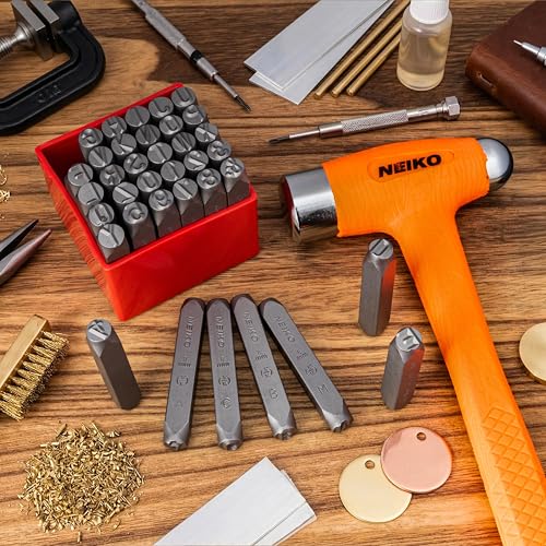 Image of NEIKO 02625A Number and Letter Punch Set with Heat-Treated Steel Punches, Imprinting & Arts and Crafts, 5 /16 inch (8MM) Shaft, 36 Pc Stamp Set, Uppercase Letter & Number Punch Set (A-Z / 0-8 / inch& inch Symbol)