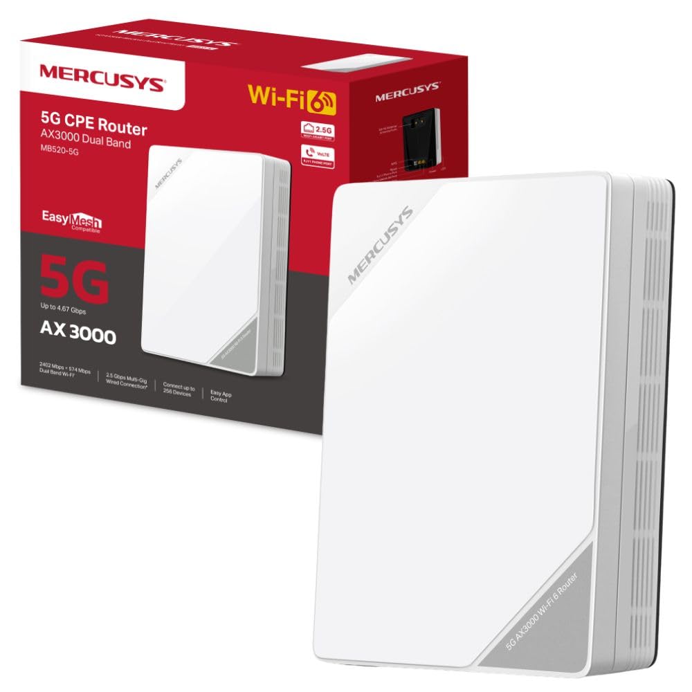 MERCUSYS MB520-5G AX3000 5G Router with Sim Slot, Dual-Band Sim Card, EasyMesh,TP-Link WiFi,Plug and Play,VPN Encryption, APP control,WAN/LAN ports,Guest Network,VoLTE access,Data Setting