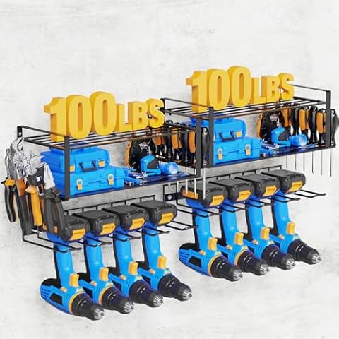 LIONONLY Power Tool Organizer Wall Mount Tool Storage Rack Holds 200 Lbs, GarageTool Organizers with 8 Drill，Wall Mount Drill Holder Rack for Easy Installation, 2 PACK Cover