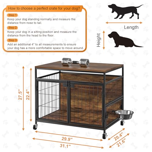 Hundekäfig mit Rädern, Robuster Beistelltisch aus Holz, Hundebox für den Innenbereich für Kleine/Mittelgroße Hunde, Doppeltüren und um 360 Grad Drehbarer Edelstahlnapf, 78,9cm L x 54,8 B x 69,8 H