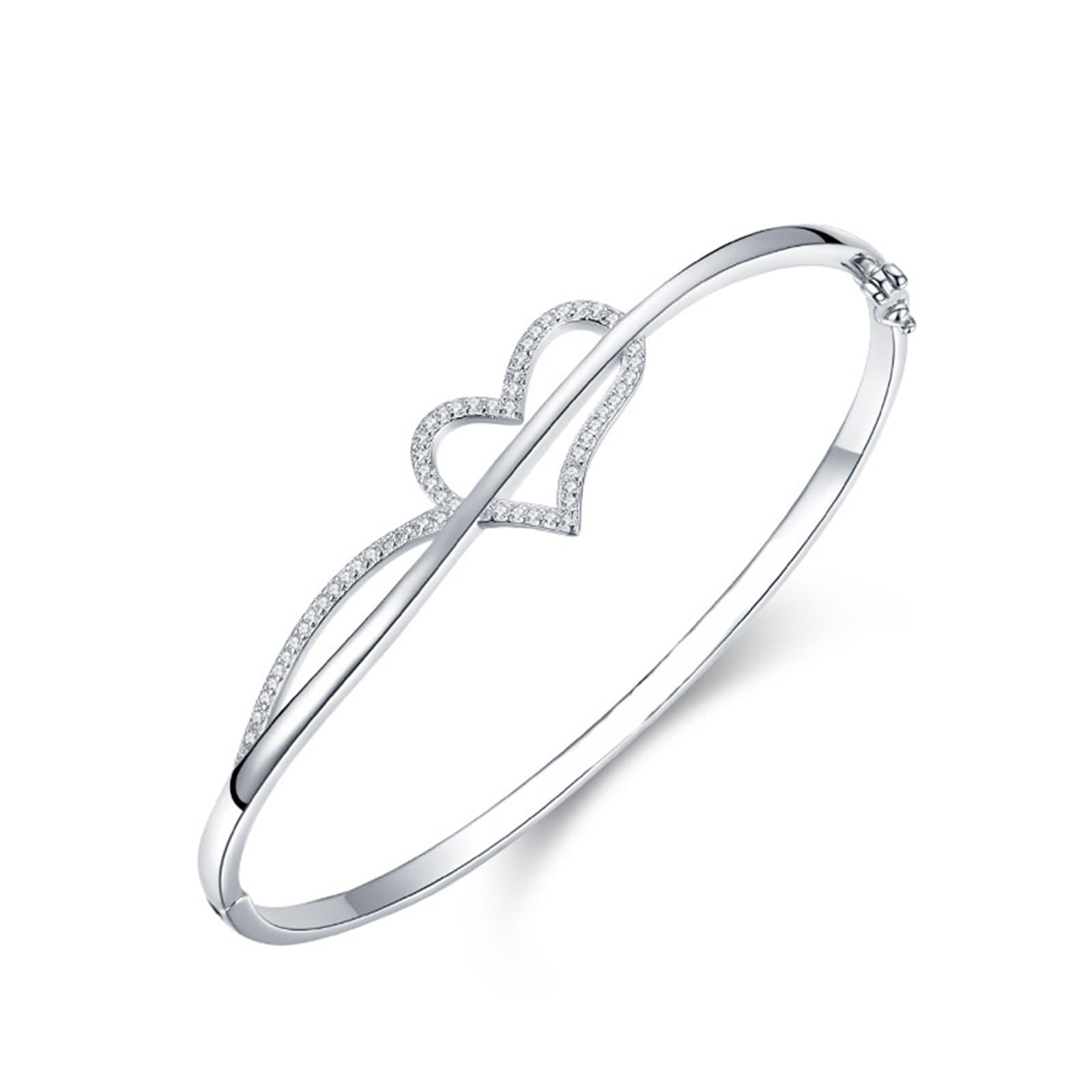 White Gold Bracelet 9 Kt / 14 Kt / 18 Kt for Women, Hollow Heart with Moissanite, 6.3", Womens Bracelets Silver