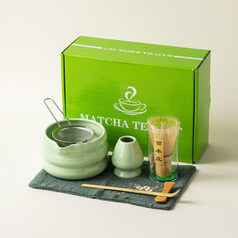 Matcha Tea Kit 7-Pcs Set, Whisk and Bowl with Spout & Measuring Spoon, Japanese Tea Making Tools,Cha, tea bowl, tea spoon, tea cloth, set the mountain, check the sieve,