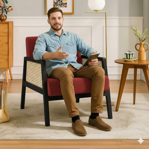Image of Solid Sheesham Wood Arm Chair with Cushion || Cane Chairs for Balcony || Wooden Armrest Chair Garden Chairs Outdoor || Dining Chair for Living Room Furniture Modern Accent Chair Walnut Finish