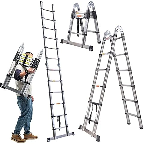 ZanGe 3.8M Telescopic Ladder 1.9m+1.9m A-Frame Retractable Extension Multi Purpose Household Ladder Stainless Steel Foldable Telescoping Multifunctional DIY Home Attic Loft Tools Combination Ladder Cover