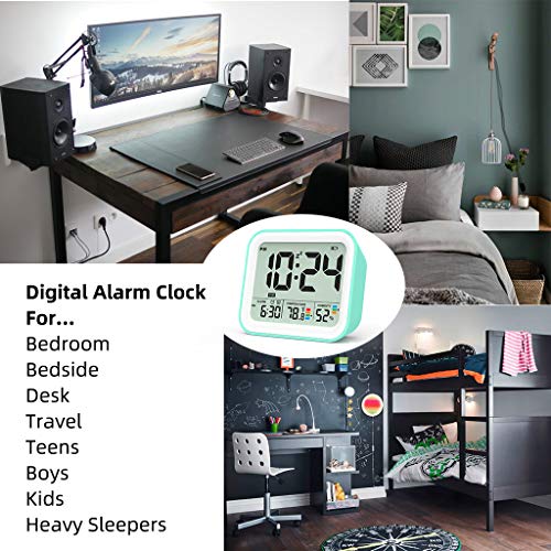 Battery Operated Digital Alarm Clock, Dual Smart Alarm with Workdays/Weekends Setting, Loud Alarm, Snooze, Small Travel Clock with Indoor Thermometer/Hygrometer, Dimmable LED Backlight, Handheld Size