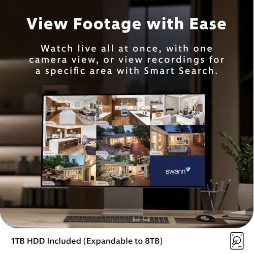 Swann Home/Business Wired DVR, 1080p Full HD Security Camera System, 8 Channels, 8 Cameras Indoor/Outdoor, 1TB HDD Storage, Color Night Vision, Sensor Spotlights, 24/7 Recording thumbnail 4