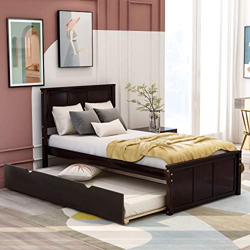 Bellemave Twin Bed With Trundle, Wood Platform Bed With Headboard And Footboard, No Box Spring Needed (Espresso) #TOP24