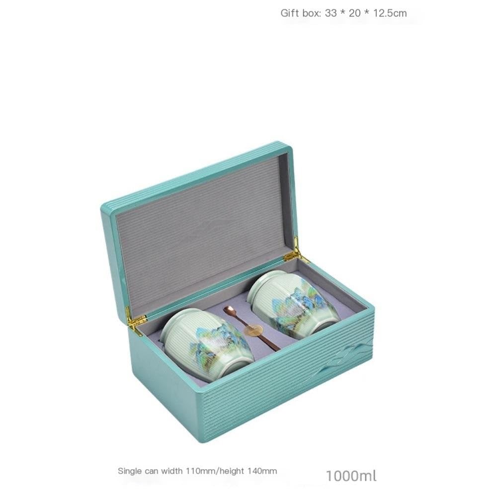 LYGSWDB Słoik na cukier Domowy ceramiczny szczelnie zamknię słoik Pojemnik do przechowywania herbaty luzem Słoik Retro chiński zestaw herbaty Podwójny słoik Pudełko na prezent Zestaw drewnianego