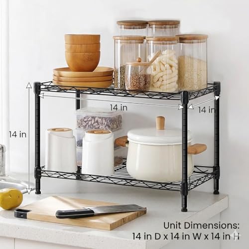 Image of Premium Heavy-Duty 2-Tier Black Metal Wire Storage Rack Shelf Organizer | Adjustable Multipurpose Freestanding Shelving Unit for Home, Office, Kitchen | Size 14 inch D x 14 inch W x 14 inch H Inch
