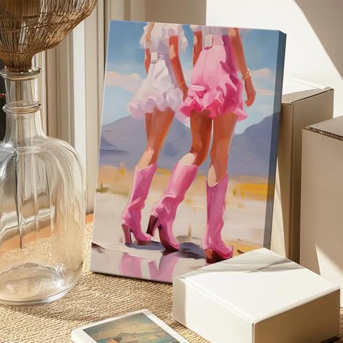 Image of Framed Pink Preppy Wall Art Set of 3, Cowgirl Boots Cherry Cocktail Pictures Wall Decor, Trendy Poker Paintings Canvas Prints Girly Aesthetic Home Decor for Living Room Bedroom Dorm Bar 12x16 inch