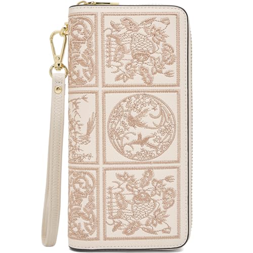 FOXLOVER Wallets for Women RFID Blocking Embroidery Leather Womens Wallet Zip Wristlet Clutch(Apricot)