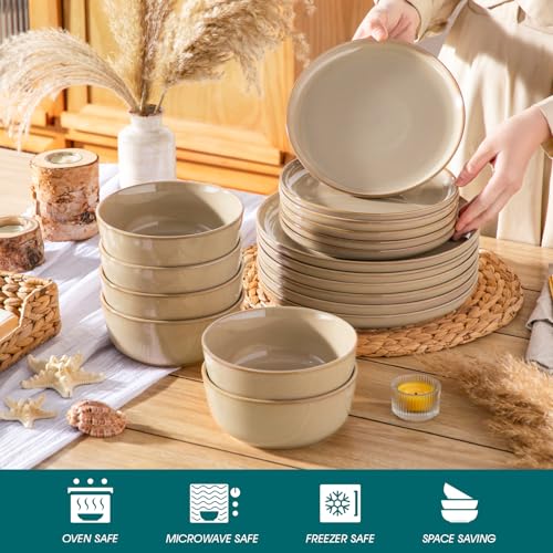 Geschirrset 6 Personen, vancasso PLAYA 18tlg Tafelservice 6 Personen Modern, Steingut Geschirrset, Beinhaltet Schüssel, Dessertteller und Speiseteller, Spülmaschinenfest, Braun
