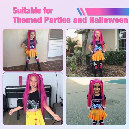 FantaLook Long Straight Hot Pink Cosplay Wig with 2 Ponytails for Halloween Party Costume（Small Size）3